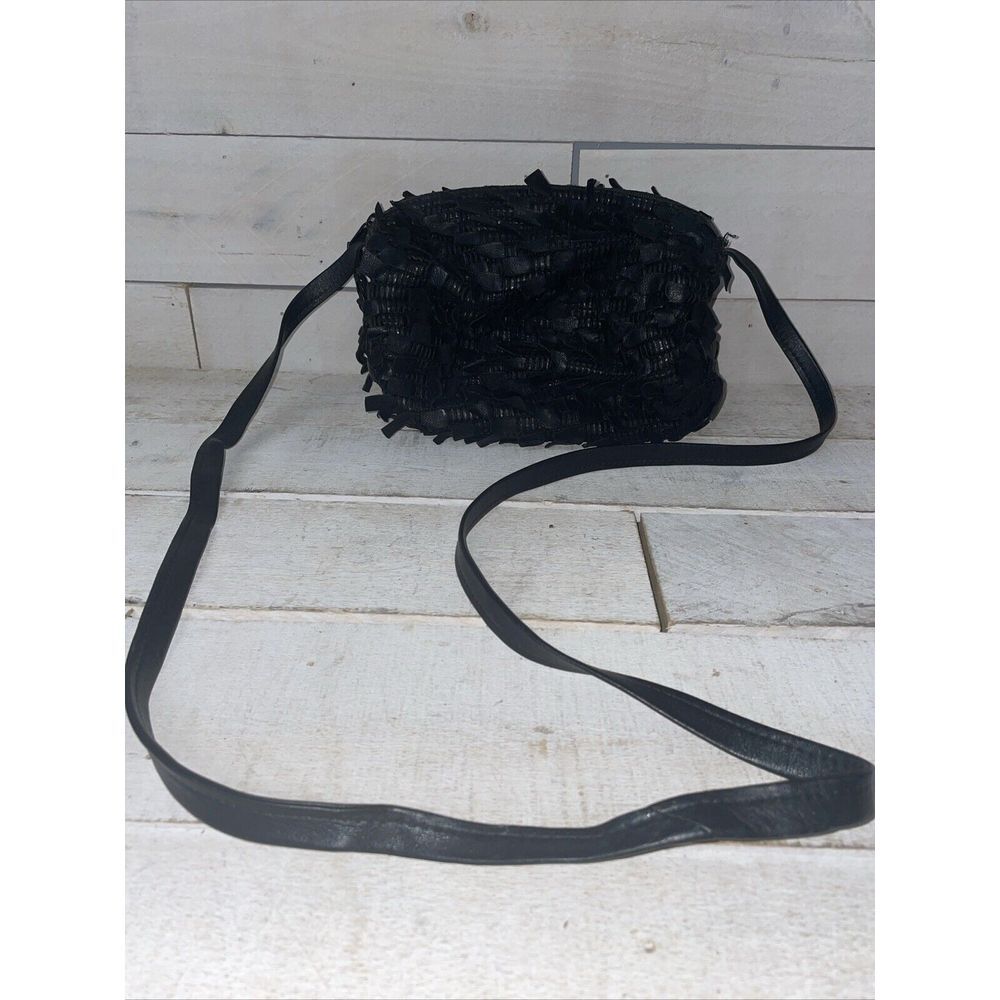 Narda Collection VTG 80's Leather Fringe Texture Black  Crossbody Bag Boho